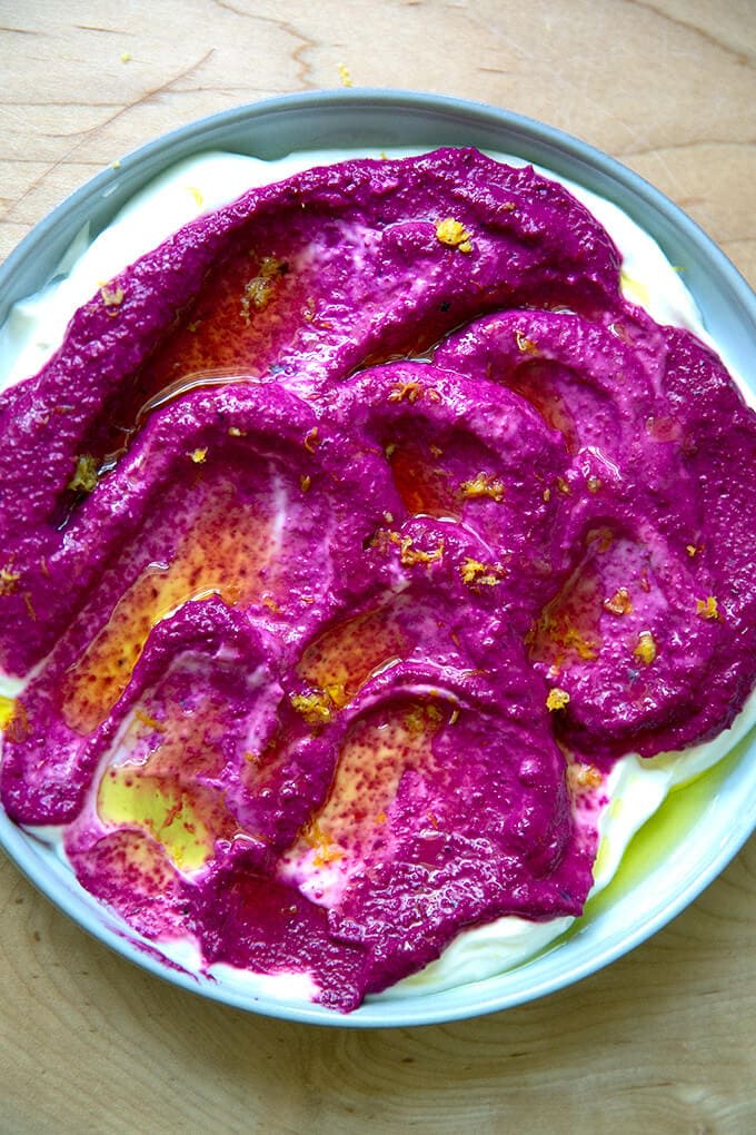 Beetroot yogurt dip in a bowl